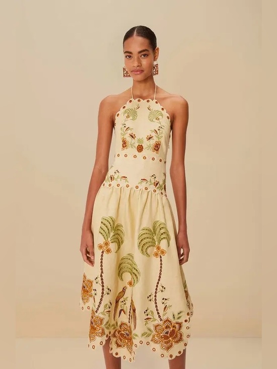 FARM Rio Dresses & Skirts - NWT Farm Rio Delicate Forest Linen Halter Eyelet Midi Dress